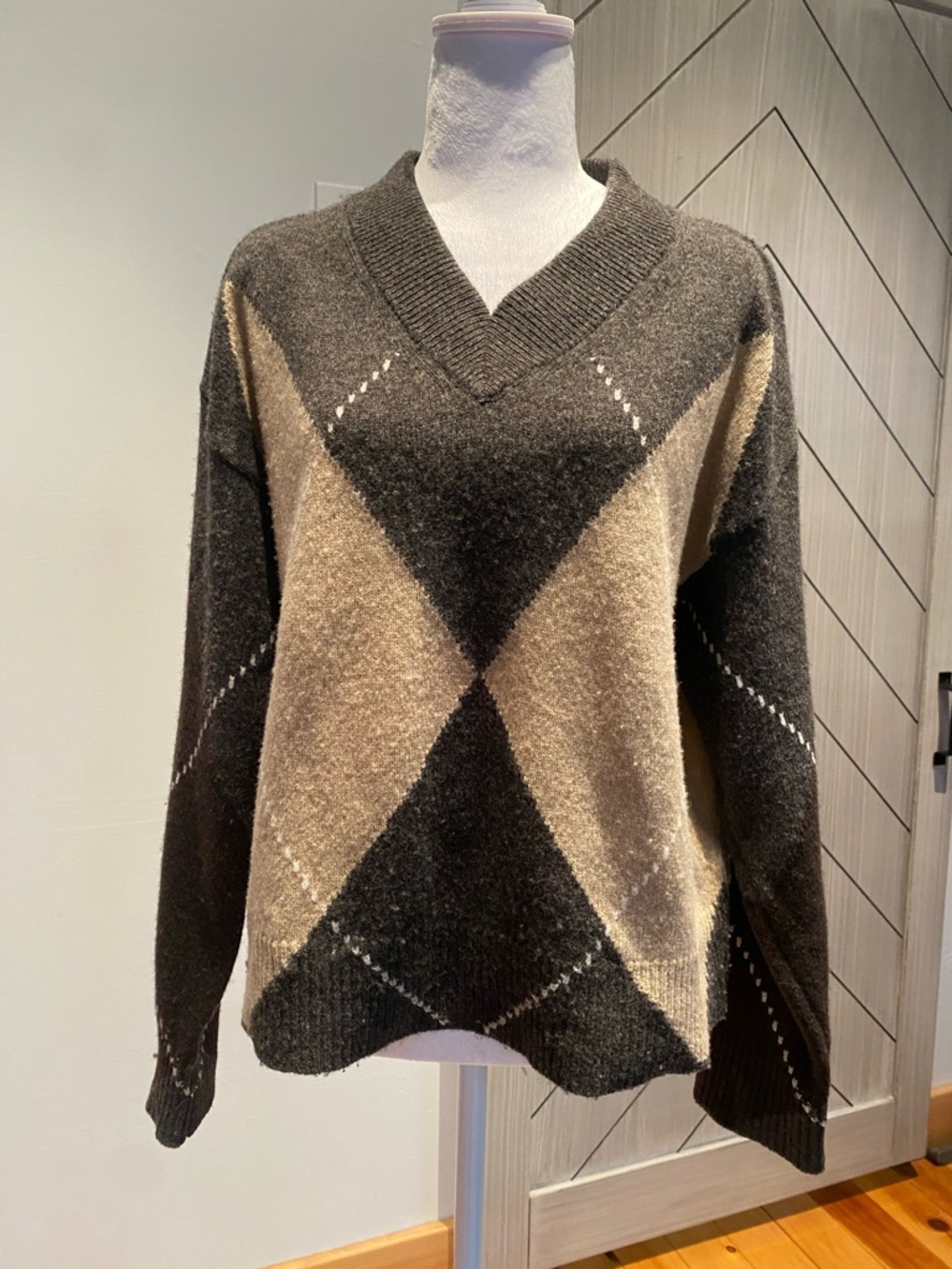 Frank & Oak Women's Wool V-Neck Argyle Sweater in Brown and Cream